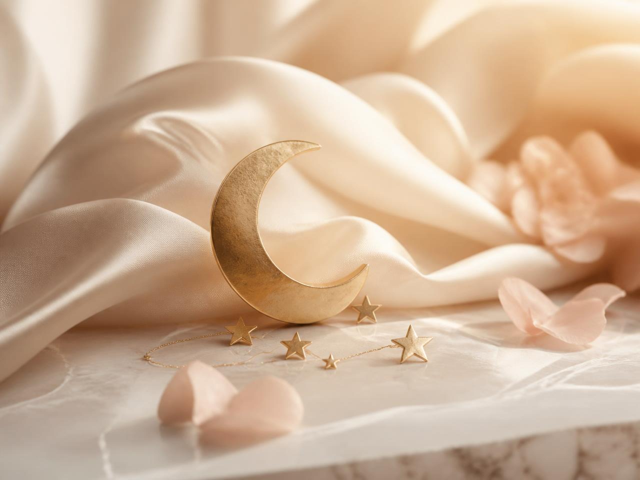 Soft celestial still life in champagne and blush tones